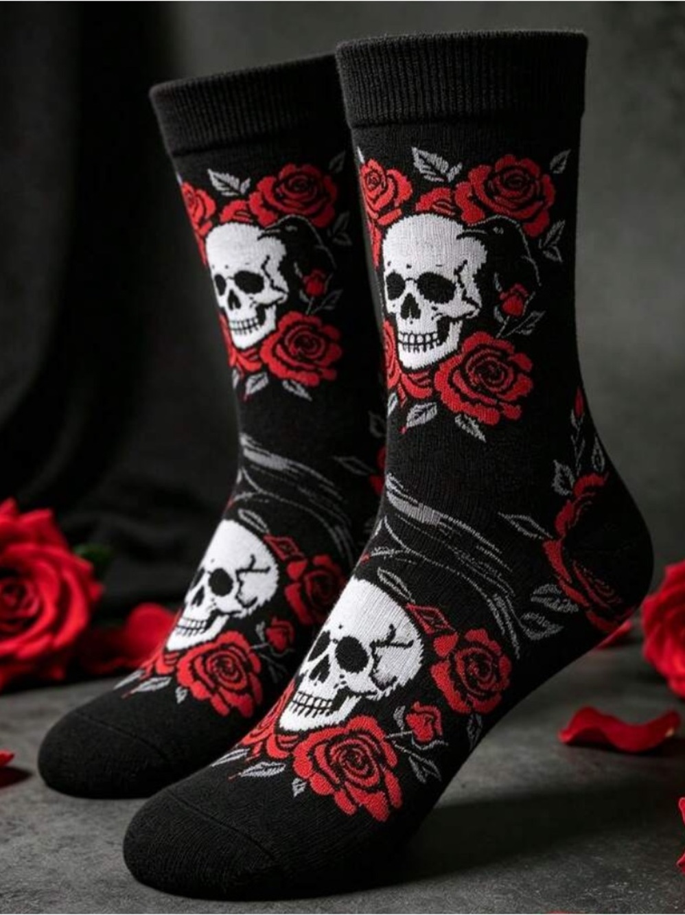 Skull & Rose Crew Socks - Black/Red